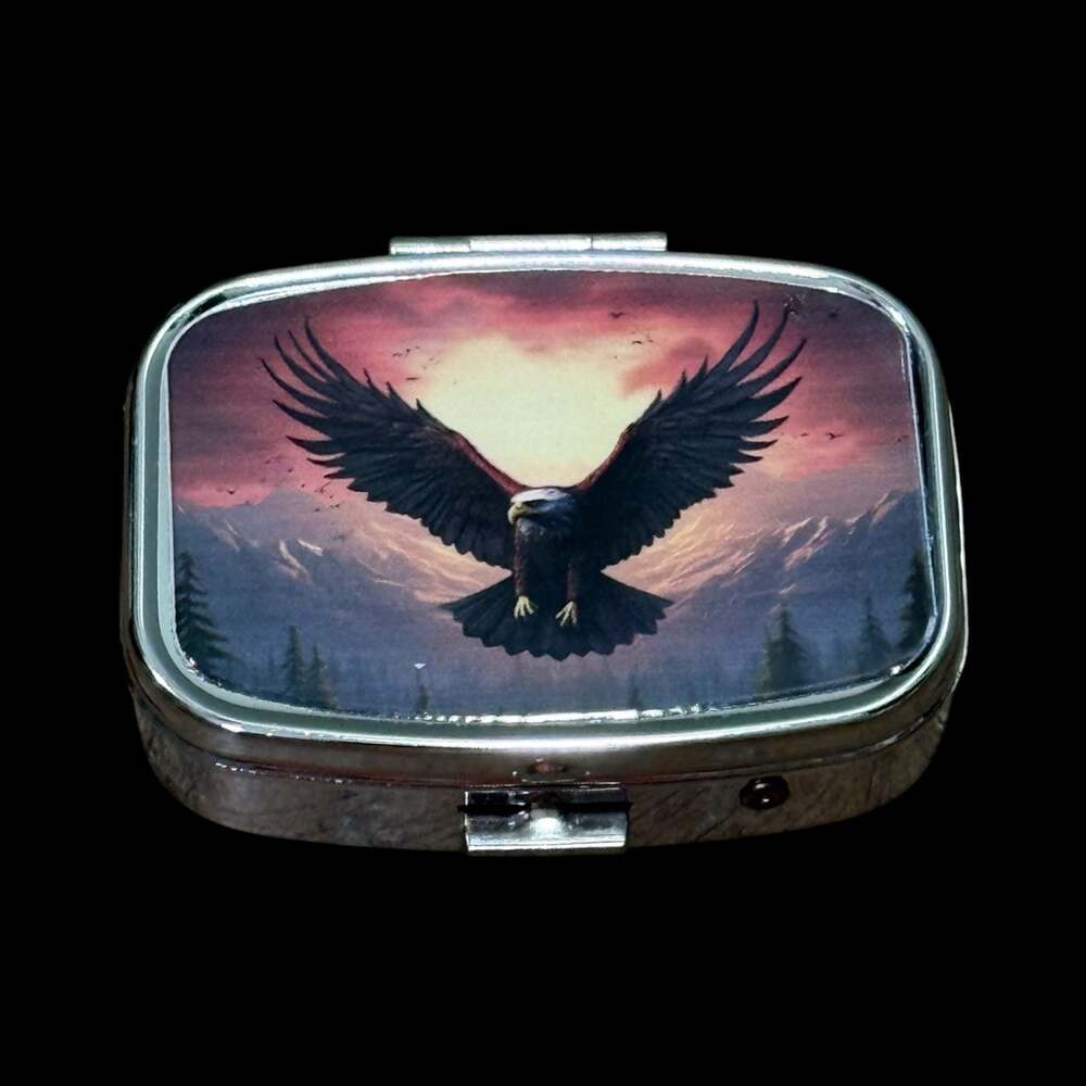 Cute Flying Bald Eagle Portable Rectangle Metal Pill Organizer Case